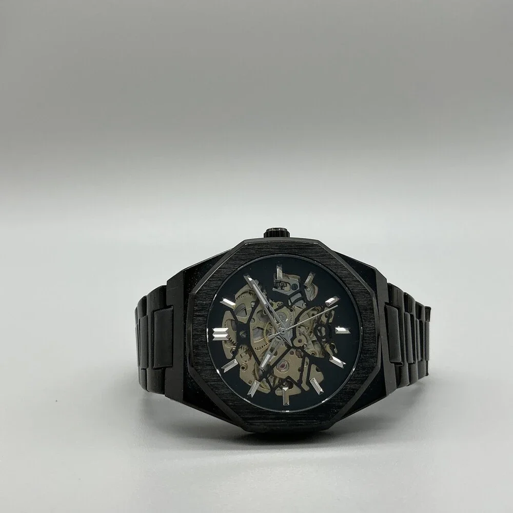 Mens Watch 41mm Black Skeleton Dial Stainless Bracelet Automatic TM-34ZG 8.25